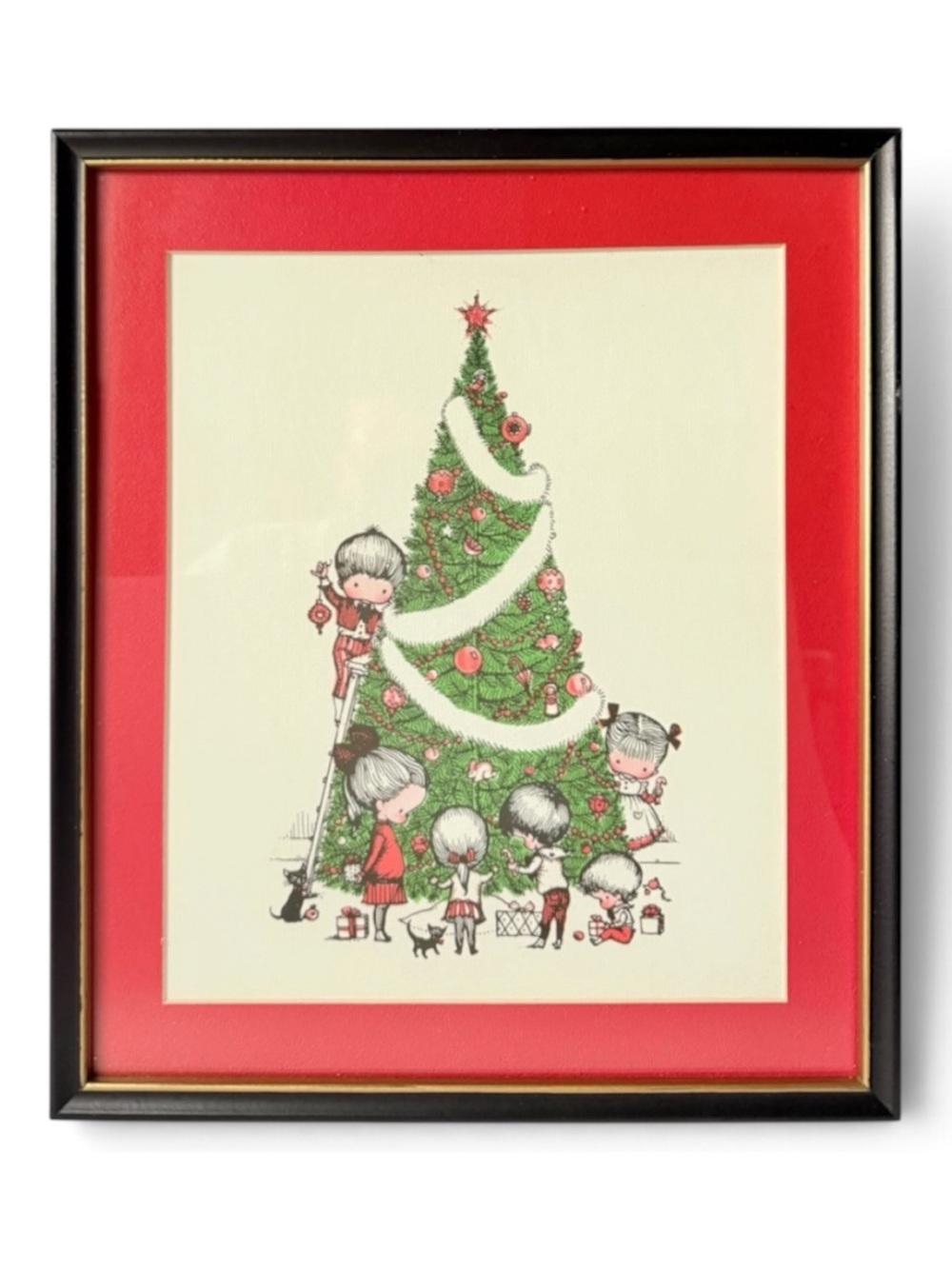 Vintage Joan Walsh Anglund Christmas Tree Children Presents Cats Print Framed